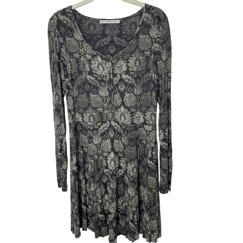 Peruvian Connection Black Green Beige Cotton‎ Modal Raw Hem Dress in Size Small